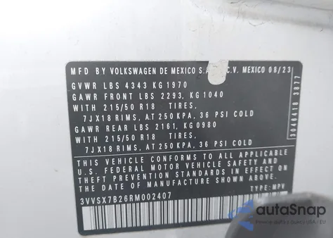 2024 Volkswagen Taos 1.5T Se z USA, uszkodzony, nr VIN 3VVSX7B26RM002407